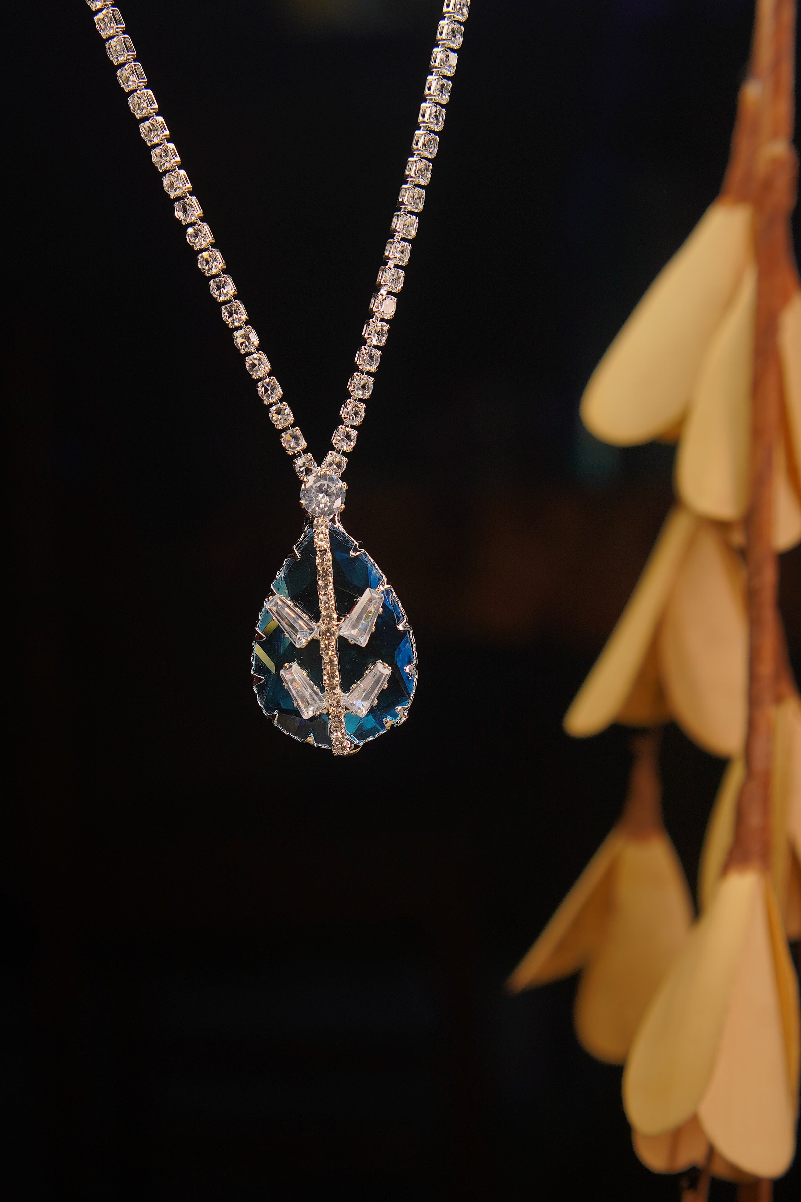 Silver Sapphire Pendant Chain With AD Stone